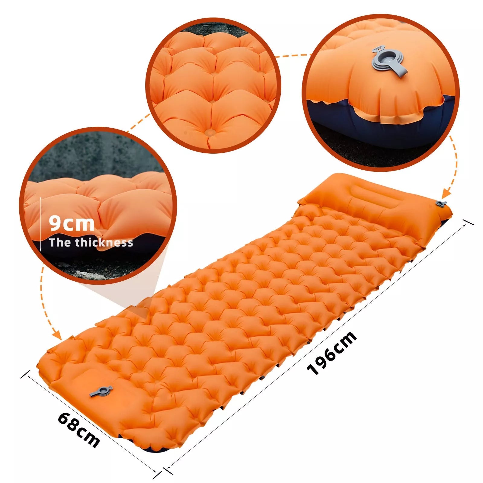 Portable inflatable camping cushion with built-in foot pump in various colors