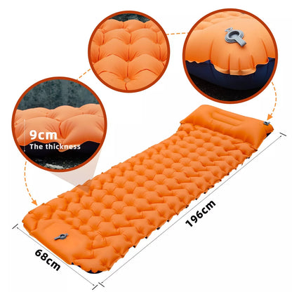 Portable inflatable camping cushion with built-in foot pump in various colors