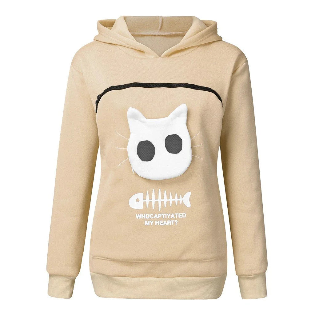 A cozy and stylish women's hooded sweatshirt with a unique cat-themed pocket design, available in a variety of vibrant colors.