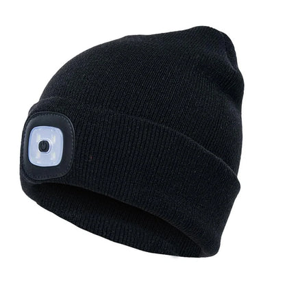 LED knit hat with glowing light for nighttime visibility and warmth