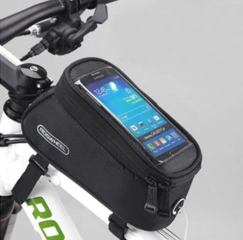 ROSWHEEL bicycle frame bag in black showing mounting on bike frame with iPhone inside