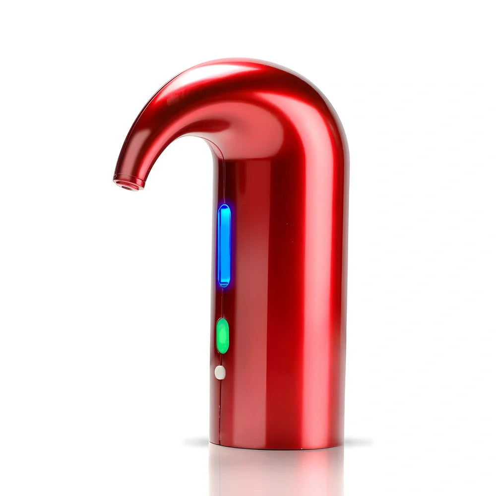 Black electronic wine aerator attached to red wine bottle, showing aeration pour in action, 24cm height device