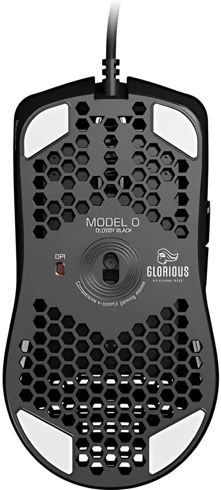 Black matte gaming mouse with hole design showing RGB lighting and ergonomic shape for right-handed use