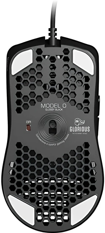 Black matte gaming mouse with hole design showing RGB lighting and ergonomic shape for right-handed use