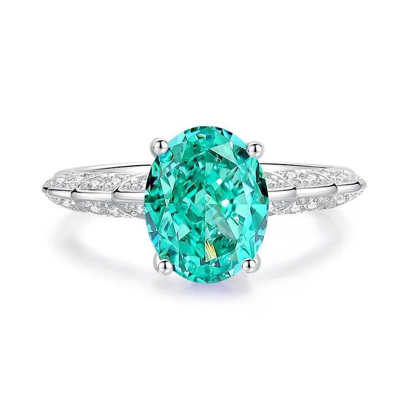 S925 silver emerald ring with palaibahao inlaid high carbon diamond, geometric design with elliptical elements