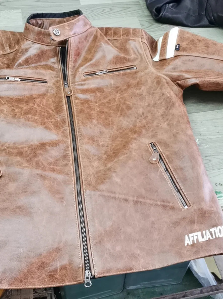 Motorcycle leather jacket in black cowhide with stand-up collar and multiple pockets, size S-3XL.