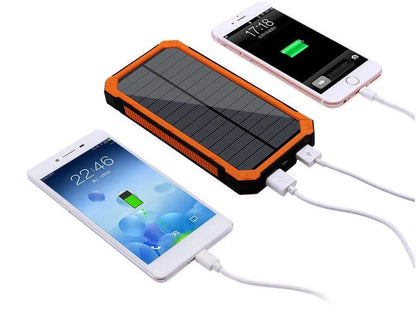 Orange portable solar power bank with USB port and solar panel, showing dimensions of 161x79x17mm.
