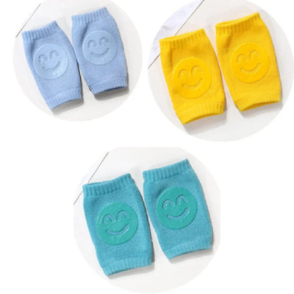Cozy knee pads in various colors designed to protect babies during crawling with a non-slip, stretchy fit