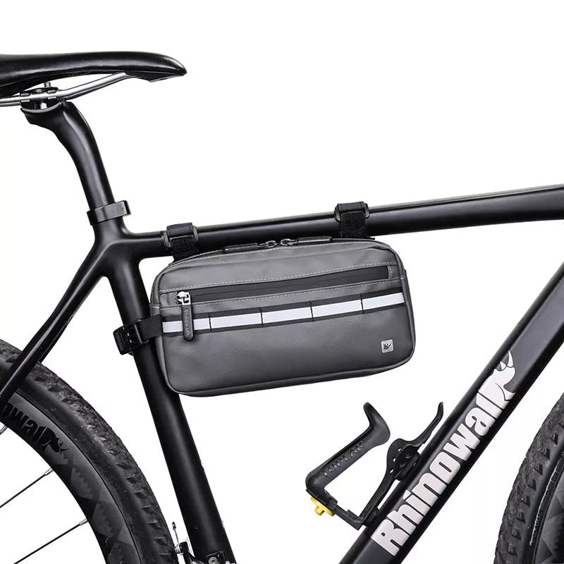 Rhino multifunctional bicycle front handle bag in black, grey, and blue