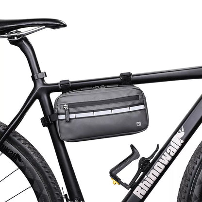 Rhino multifunctional bicycle front handle bag in black, grey, and blue