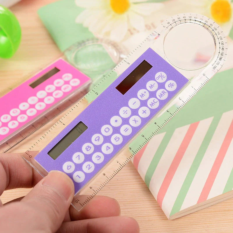 Solar-powered ultra-thin ruler calculator with magnifier, eco-friendly and portable