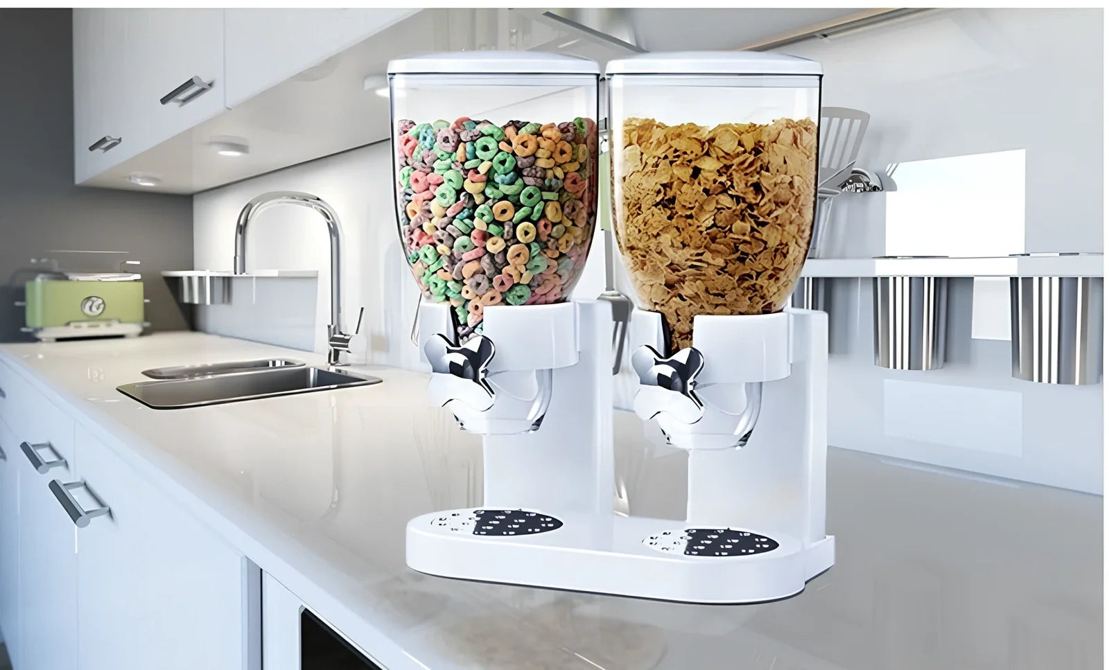 Black and white ABS plastic candy dispenser for solid seasonings on kitchen counter