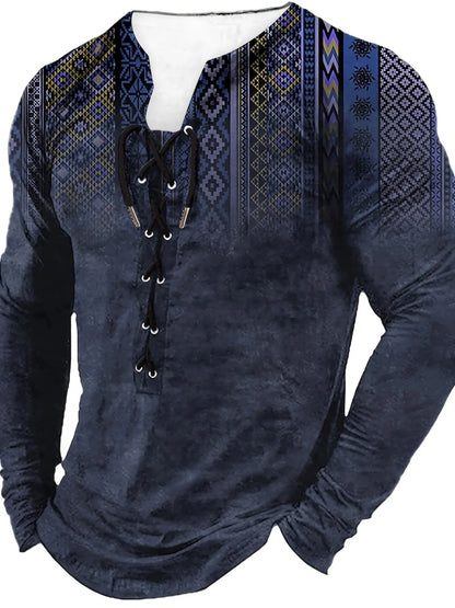 Men's long sleeved printed sports top with U-neck, polyester fibre fabric, sizes S to 4XL
