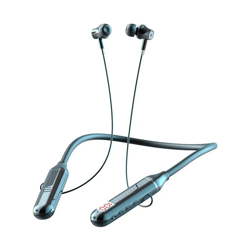 Wireless Bluetooth sports neckband headphones with power display in black, red, purple, or green