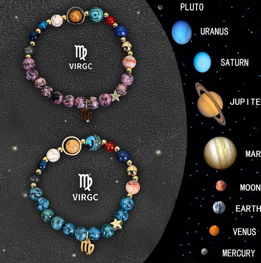 Twelve Zodiac Sign Beaded Bracelet Set with natural stone beads and adjustable 18-22cm length on a wrist