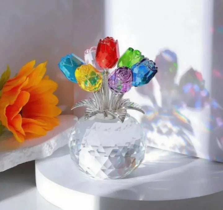 K9 crystal glass rose ornament in a geometric shape with a Chinese style, shown in one of seven available colours.
