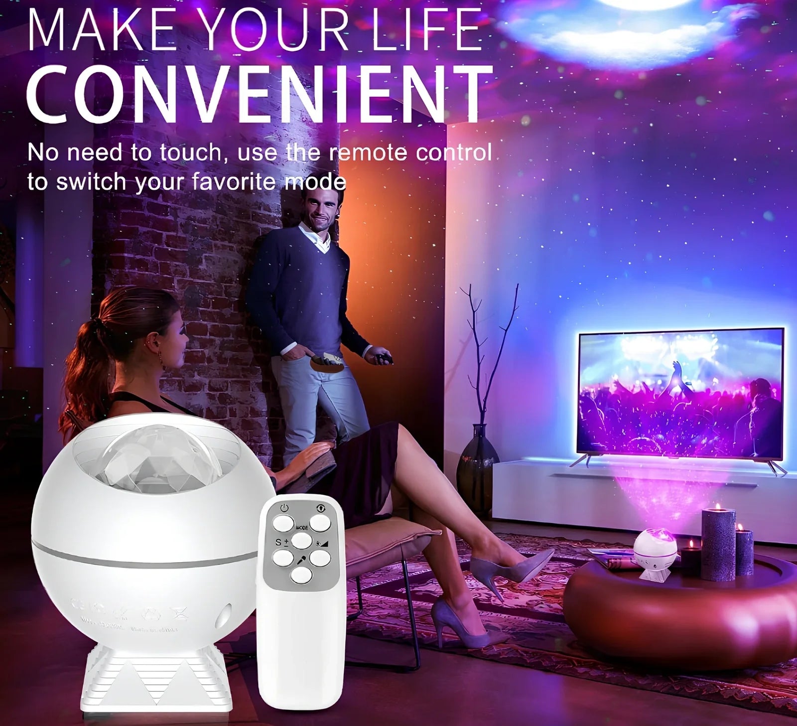 White spherical voice control LED star projection lamp with 9cm diameter and USB cable