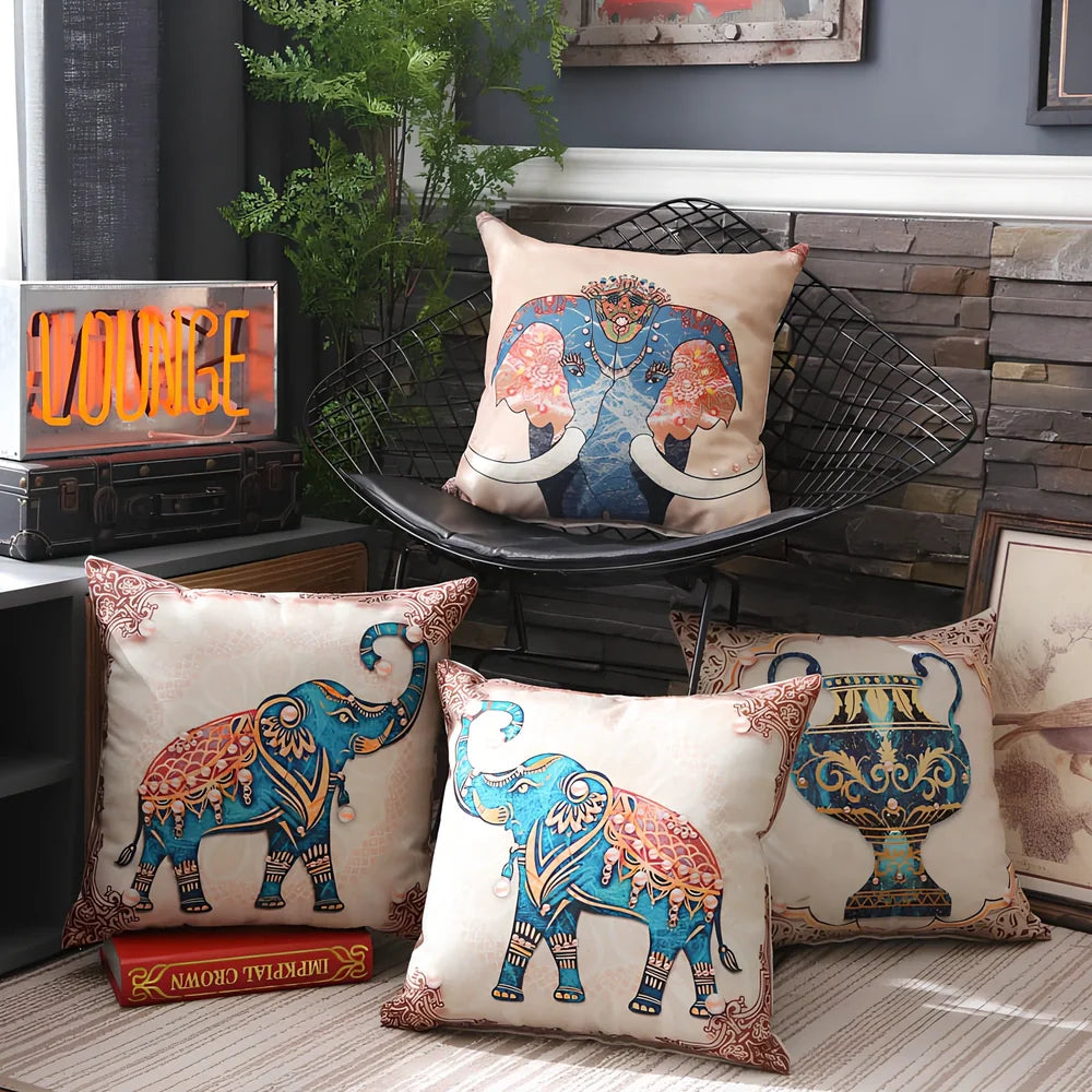 45x45cm linen cushion cover with flower frame left elephant design on national style pillowcase