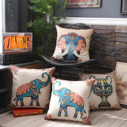 45x45cm linen cushion cover with flower frame left elephant design on national style pillowcase