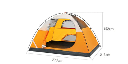 Orange two-person hiking tent with fiberglass poles showing 213cm length and waterproof construction