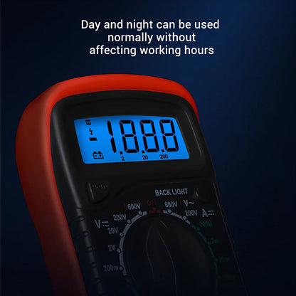 Digital multimeter with black and yellow housing showing 45x20mm LCD display for electrical measurements