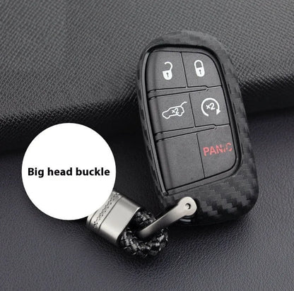 Carbon fibre texture silicone key case for Dodge Chrysler Fiat vehicles showing 2mm thickness