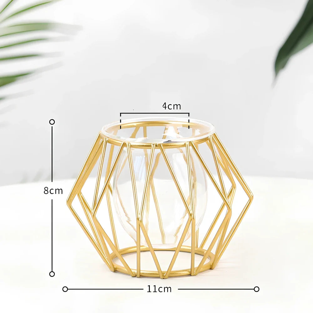 Geometric glass desktop decoration with iron frame in black and gold colours