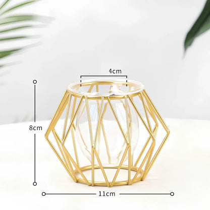 Geometric glass desktop decoration with iron frame in black and gold colours