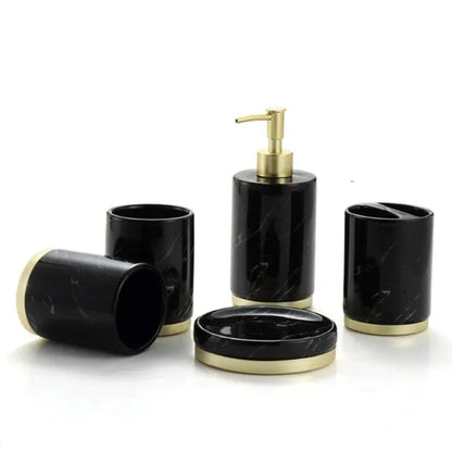 Ceramic bathroom set with bright glaze showing emulsion bottle, cup, toothbrush holder and soap dish