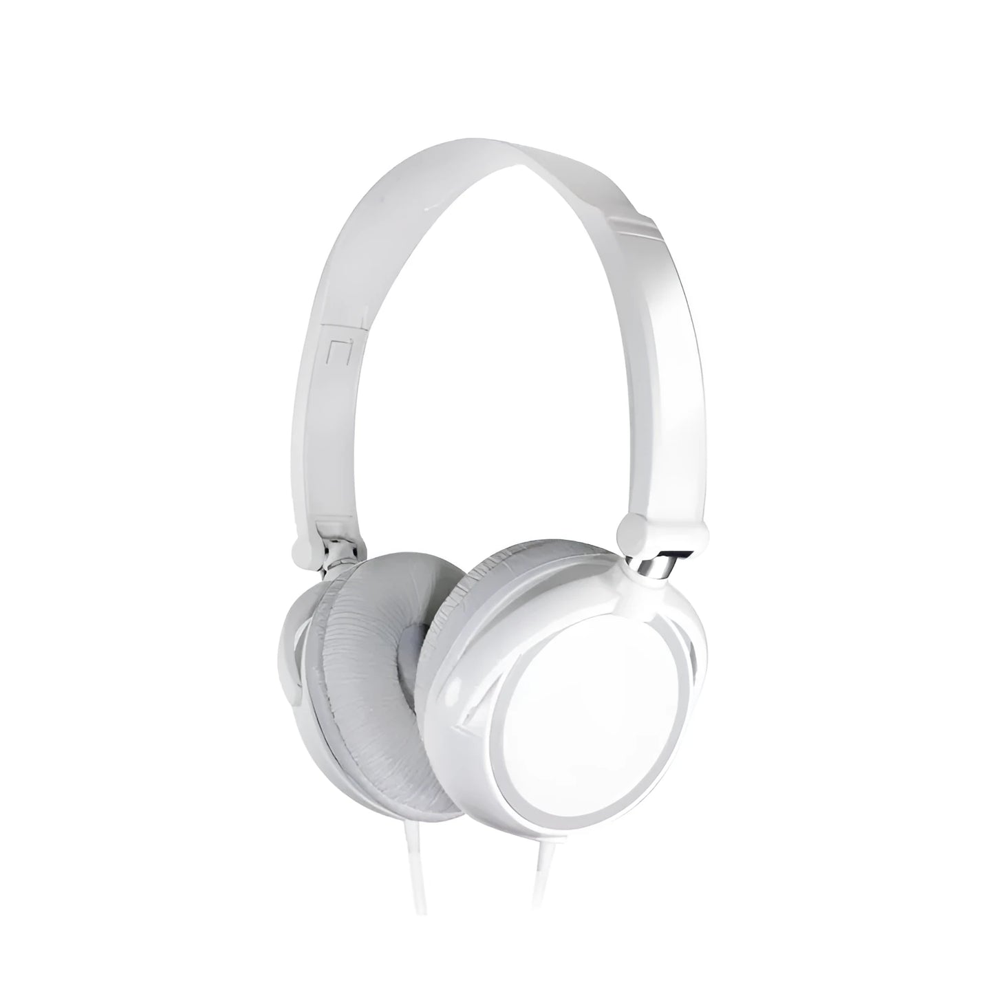 Black folding over-ear wired headphones with adjustable headband and 3.5mm plug on a white background.