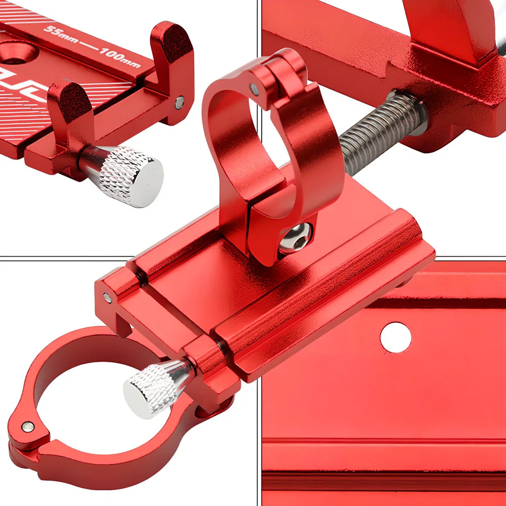 Black aluminium bicycle handlebar phone holder showing adjustable length and four-corner grip system