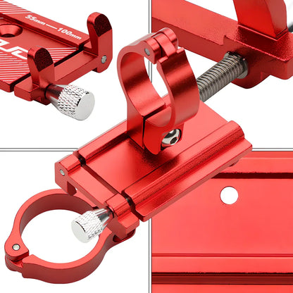 Black aluminium bicycle handlebar phone holder showing adjustable length and four-corner grip system