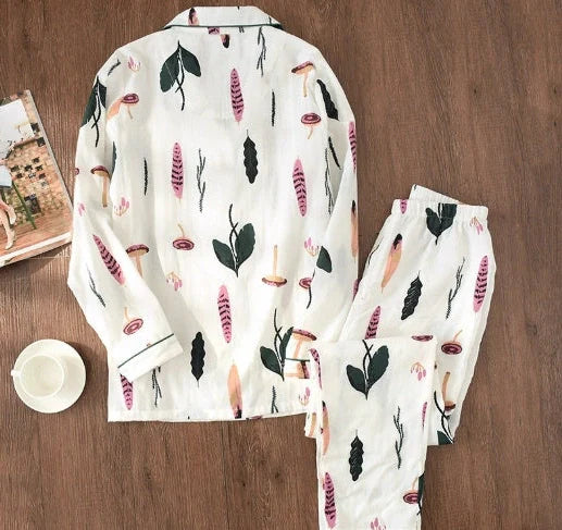 Traditional maternity pajama set with 100% cotton batik fabric, ankle-length trousers, and full-length bell sleeves