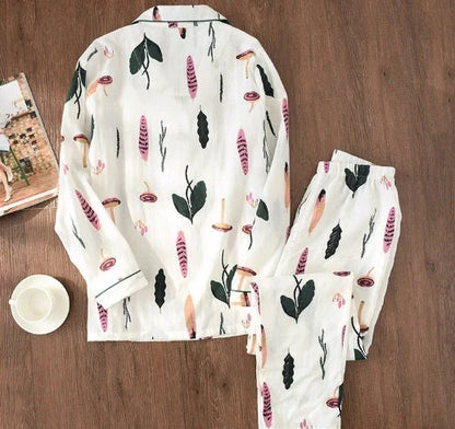 Traditional maternity pajama set with 100% cotton batik fabric, ankle-length trousers, and full-length bell sleeves