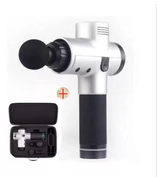 Relax Tissue Deep Muscle Massage Gun with 4 interchangeable heads on a white background