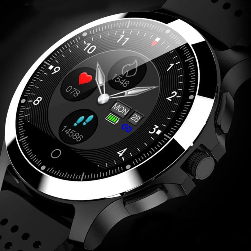 W8 ECG smart bracelet with metal stainless steel body, round colour screen, and TPU strap in black, brown, or coffee.