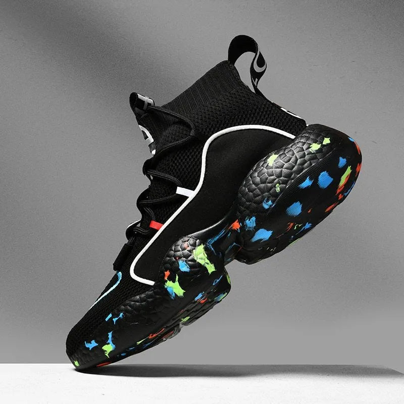 Men's camouflage sneakers with mesh upper and rubber sole, showing striped design and flat profile