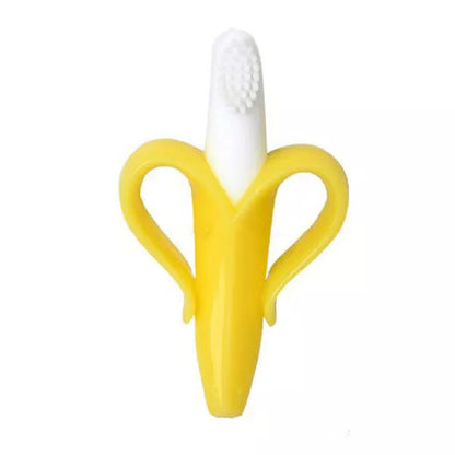 Food grade silicone banana teether toy for babies in yellow, pink, and blue