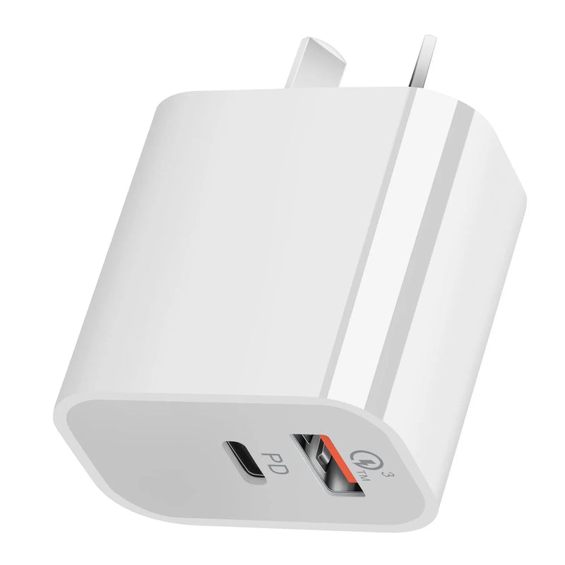 Australian Standard Dual Port USB Wall Charger with 18W or 20W Output, White Colour Fast Charging Adapter for Phones and Tablets, 63x40x22mm Compact Plug