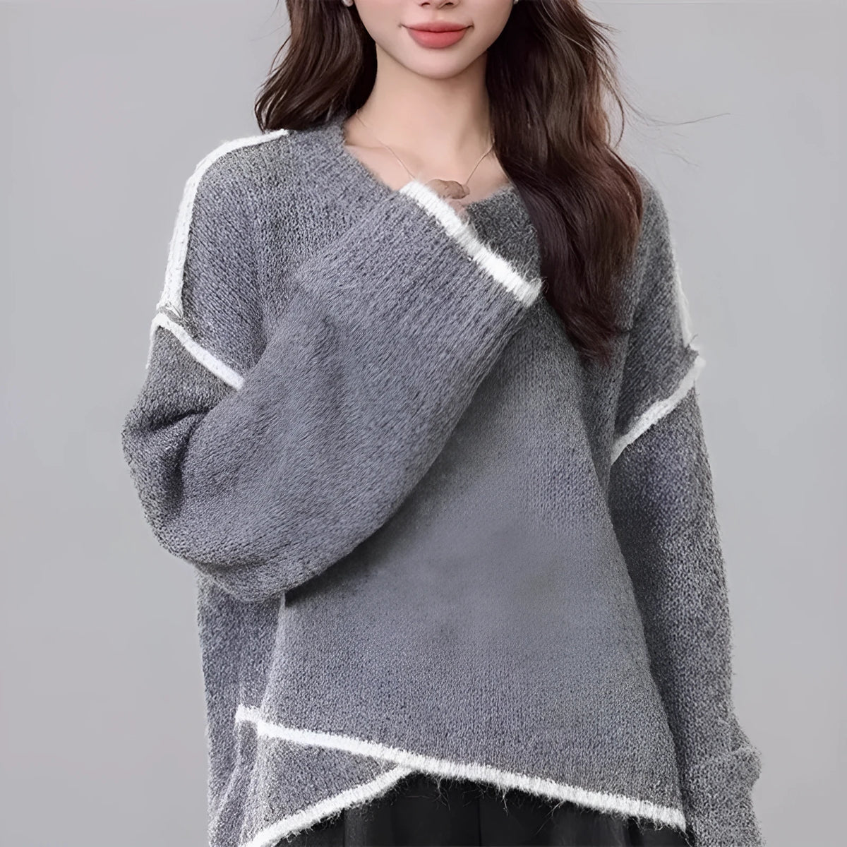 Women's loose cotton pullover sweater in gray or milky white with regular sleeves, free size