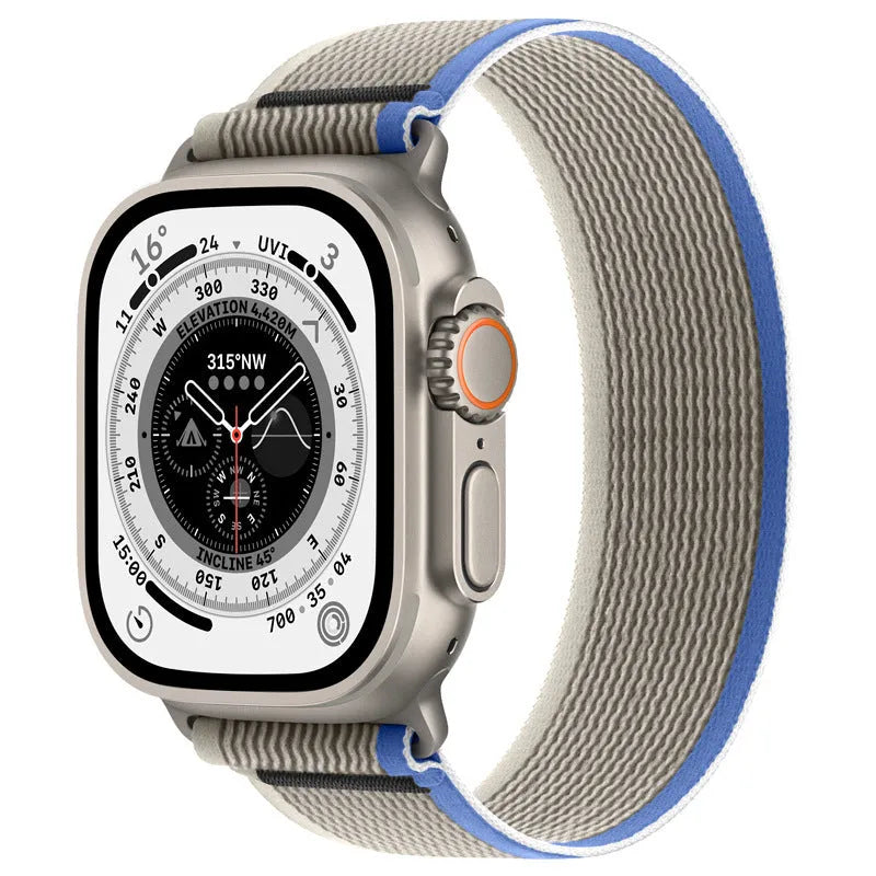 Nylon Apple Watch strap with single-ring closure in black and grey colour combination.
