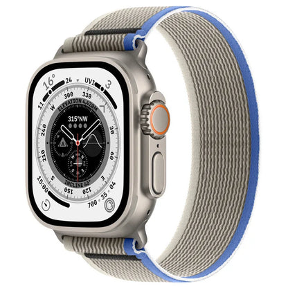 Nylon Apple Watch strap with single-ring closure in black and grey colour combination.