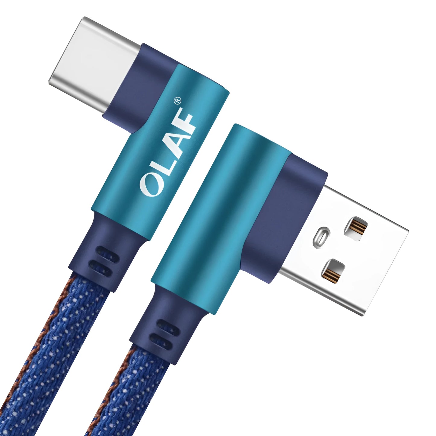 USB fast charging cable with a denim fabric exterior and aluminium connectors, shown in multiple colour options.