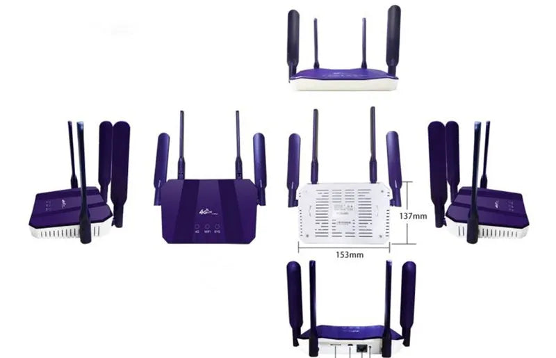 Blue 4G and wired dual-mode router with four antennas, measuring 153x137x21mm, on a desk with Ethernet cable
