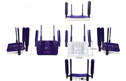 Blue 4G and wired dual-mode router with four antennas, measuring 153x137x21mm, on a desk with Ethernet cable
