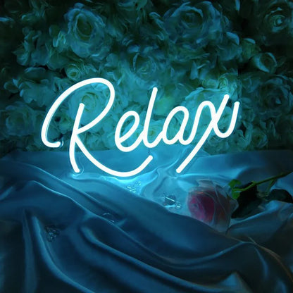 Stylish neon letter lights in various designs, including 'FUCK OFF', 'ON AIR', 'HAPPY', 'RELAX', 'HUSTLE', and 'HUSTE', illuminating a cozy living space.