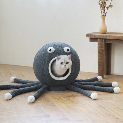 Cozy octopus-shaped pet bed with soft, plush fabric and raised 'eyes' for natural headrest