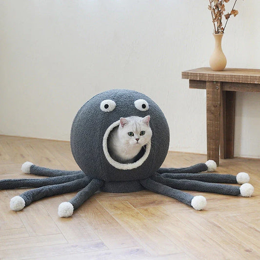Cozy octopus-shaped pet bed with soft, plush fabric and raised 'eyes' for natural headrest