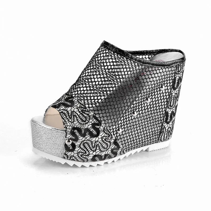 Korean platform flip-flops with hollowed chunky heel in mesh construction, available in black, gold or silver colours