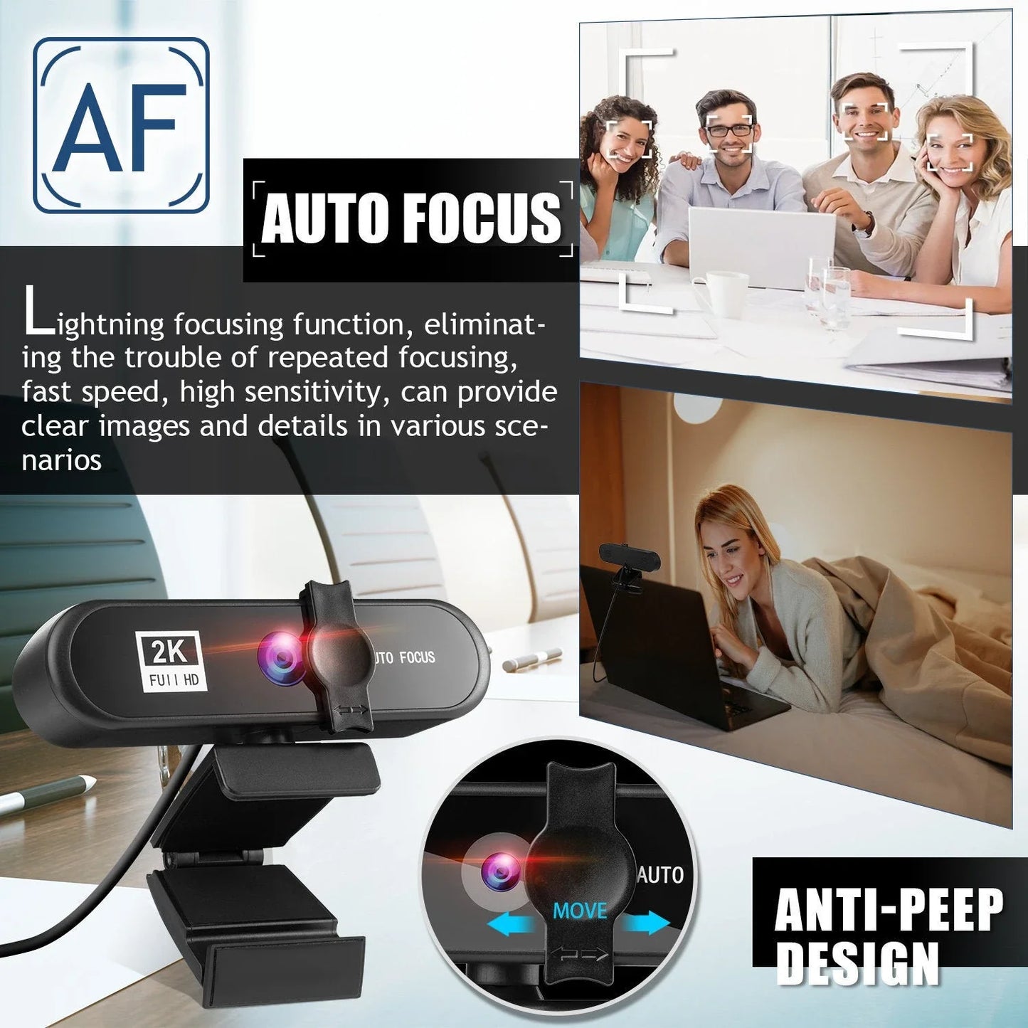 A high-quality 4K auto-focus computer camera with dual stereo microphones for exceptional video and audio performance